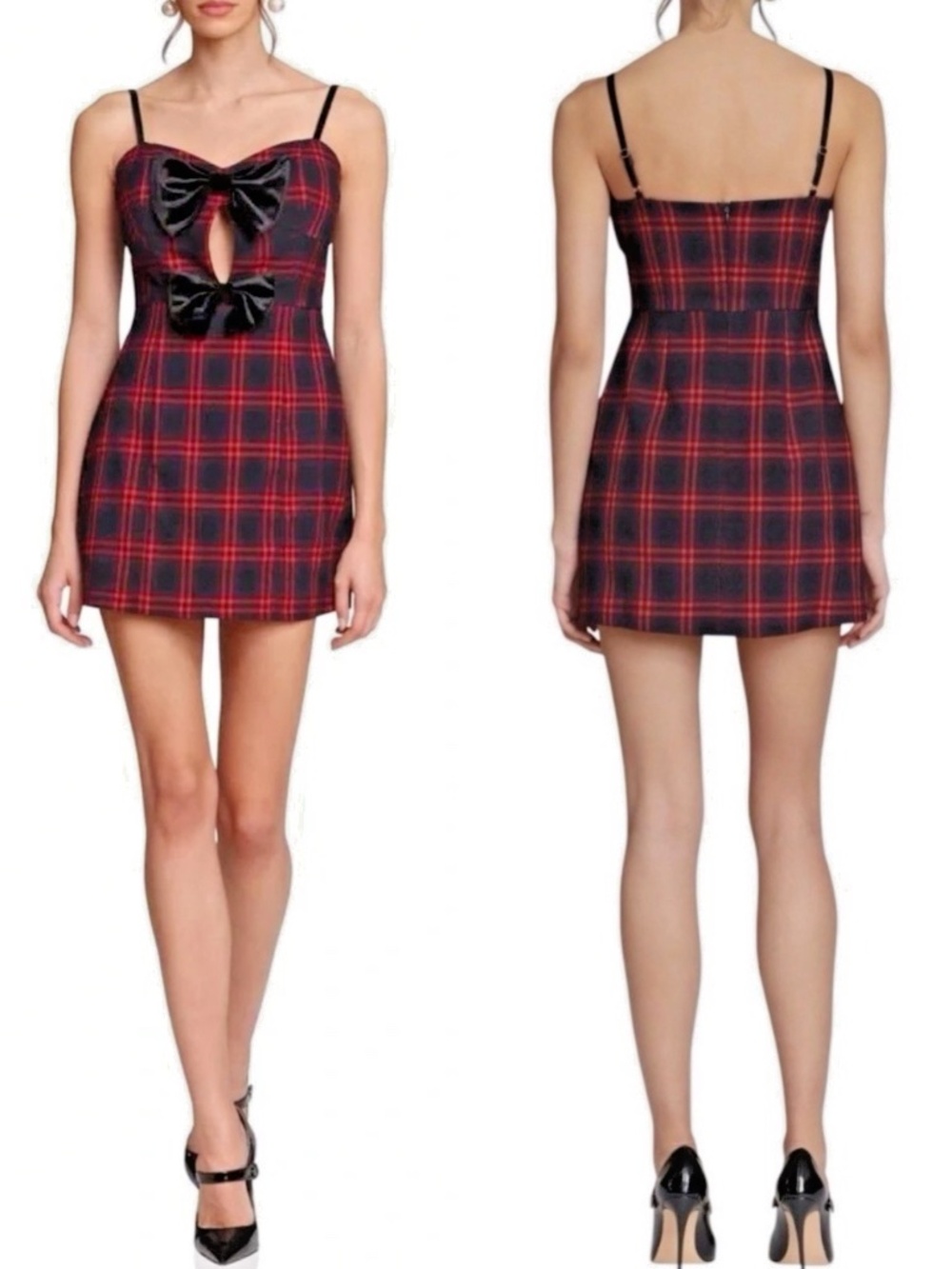 NEW Avec Les Files RED & BLACK Plaid VELVET Peek-a-Boo VELVET Mini DRESS 14